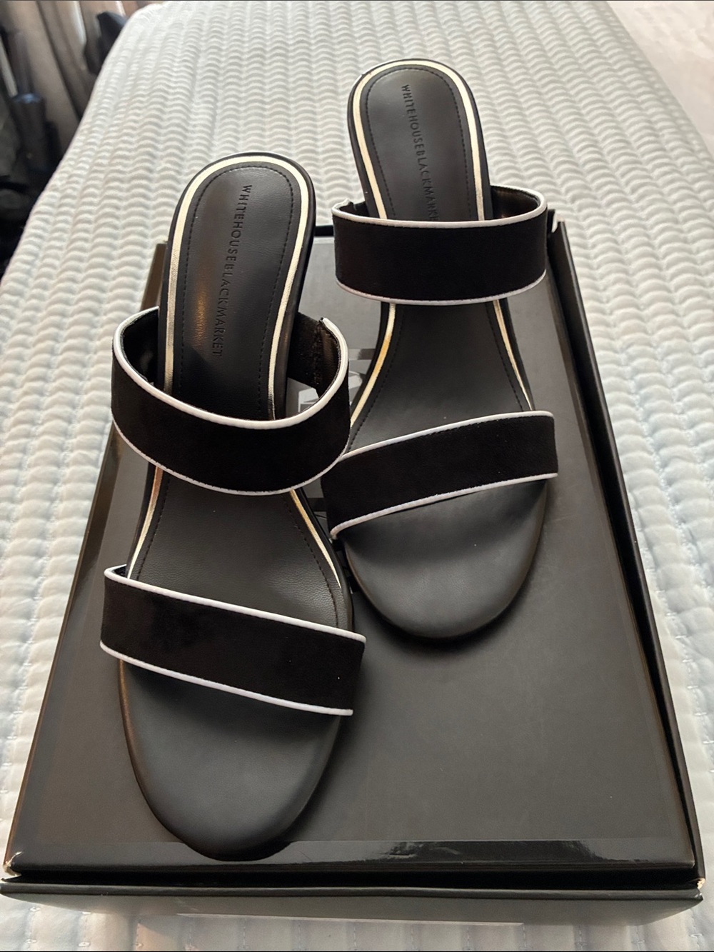 White House Black Market Black Slide Mules with White Piping